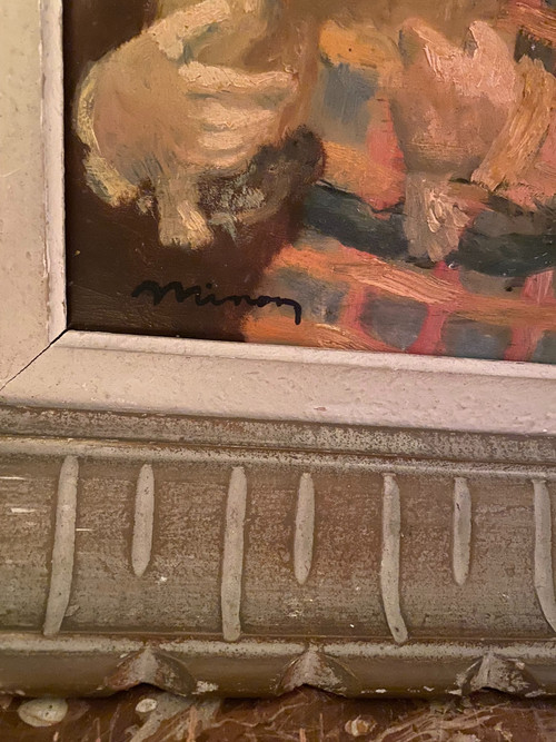 Öl auf Holz aus den 50er/60er Jahren, gerahmt von einem kleinen Mädchen, das ihr Lieblingsspielzeug „ihren ausgestopften Foxterrier“ hält
