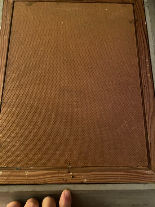 Öl auf Holz aus den 50er/60er Jahren, gerahmt von einem kleinen Mädchen, das ihr Lieblingsspielzeug „ihren ausgestopften Foxterrier“ hält