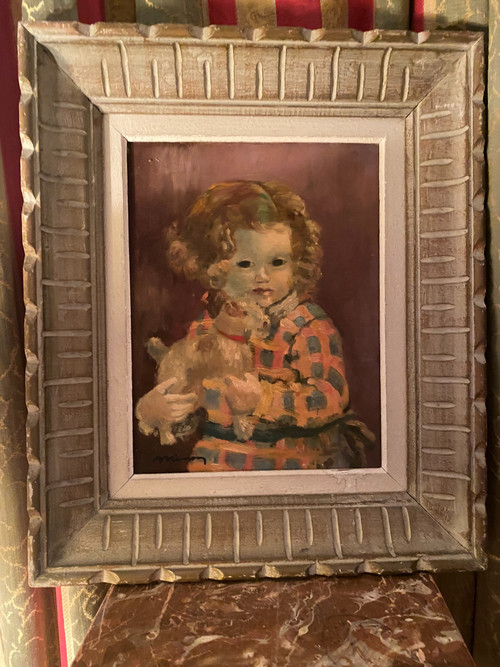 Öl auf Holz aus den 50er/60er Jahren, gerahmt von einem kleinen Mädchen, das ihr Lieblingsspielzeug „ihren ausgestopften Foxterrier“ hält