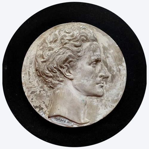 Profile of a man's head in plaster medallion from the Napoleon IIII period signed (Falguière label 1867)