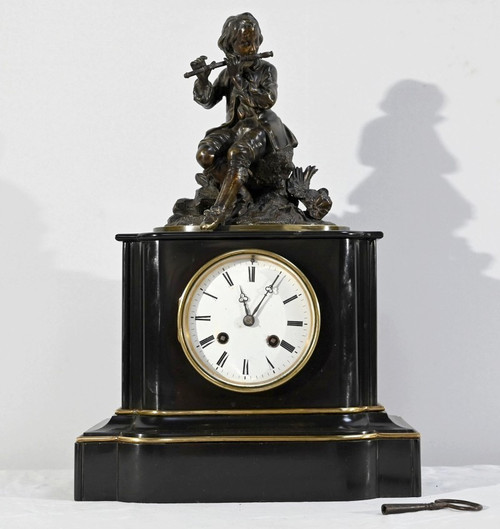 Marble and Bronze Clock “The Flute Player” - Mid-19th Century