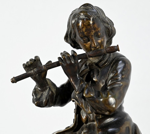 Marble and Bronze Clock “The Flute Player” - Mid-19th Century