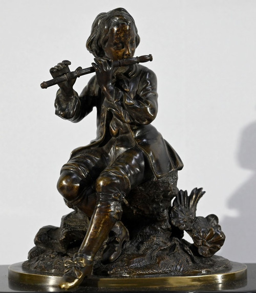 Marble and Bronze Clock “The Flute Player” - Mid-19th Century