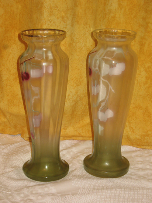 Pair of enameled glass vases decorated with cherries, early 20th century