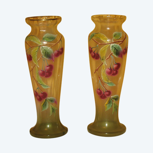 Pair of enameled glass vases decorated with cherries, early 20th century