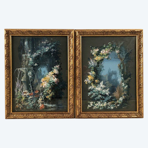 Augusto Bertrix. Coppia di gouaches incorniciate sotto vetro datate 1854