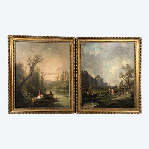 Pair of oils on canvas, 19th century animated landscapes