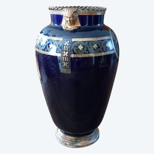 Vaso in terracotta blu cobalto del XIX secolo di Sarreguemines
