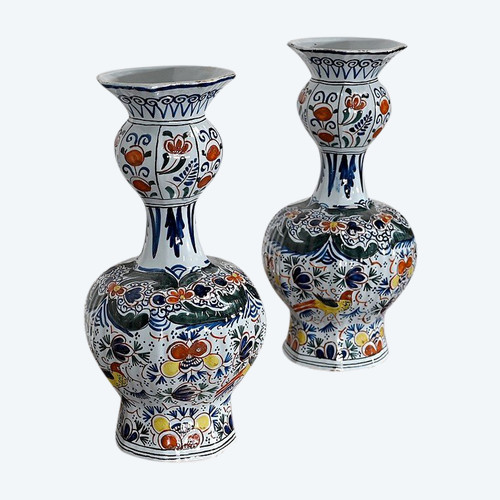 Pair of Delft Polychrome Earthenware Vases – 19th Century