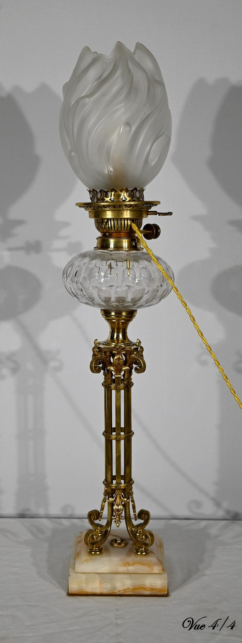 Importante Lampada ad Olio Elettrificata in Ottone e Onice – Fine XIX Secolo