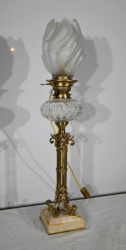 Importante Lampada ad Olio Elettrificata in Ottone e Onice – Fine XIX Secolo