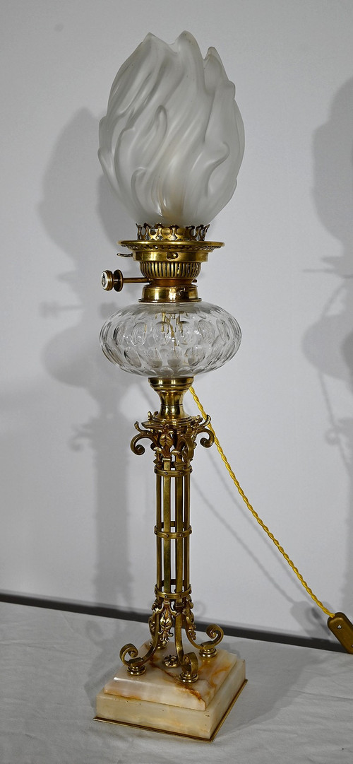 Importante Lampada ad Olio Elettrificata in Ottone e Onice – Fine XIX Secolo
