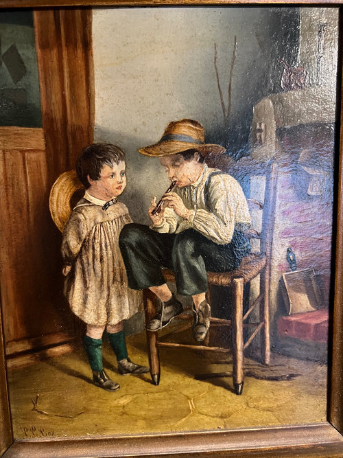 Tableau peinture huile scene de musique par Cox d'après Pierre Edouard Freres 