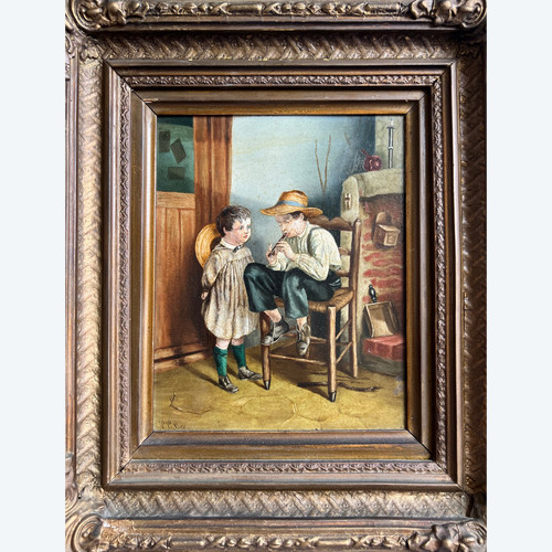 Tableau peinture huile scene de musique par Cox d'après Pierre Edouard Freres 