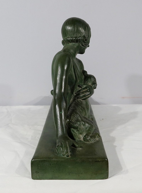 Sculpture «  La Demoiselle et le Chevreau », par A. Godard, Art Déco  – Début XXe