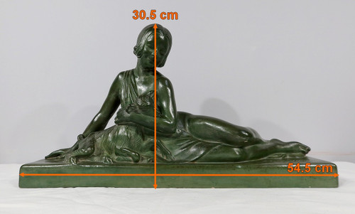 Sculpture «  La Demoiselle et le Chevreau », par A. Godard, Art Déco  – Début XXe