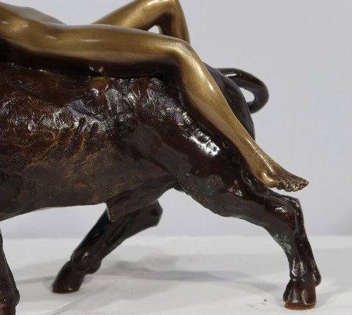Bronze „Die Göttin Europa trifft den Stier“, signiert Majera – 20. Jahrhundert