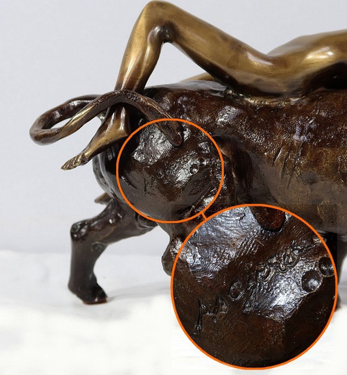 Bronze „Die Göttin Europa trifft den Stier“, signiert Majera – 20. Jahrhundert
