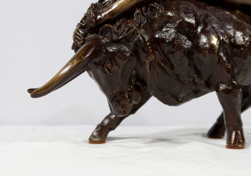 Bronze „Die Göttin Europa trifft den Stier“, signiert Majera – 20. Jahrhundert