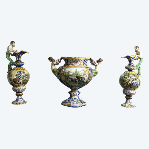 Set Of Three Earthenware Signed Gaetano Battaglia XIX