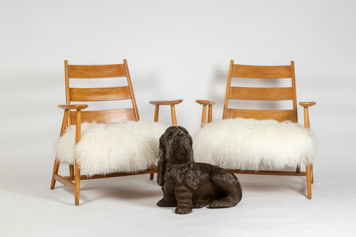Pair of “lounge” armchairs in blond beech. 1950s
