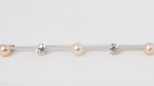 Broche barrette ancienne en or blanc diamants et perles de culture