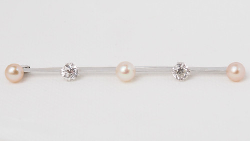 Broche barrette ancienne en or blanc diamants et perles de culture