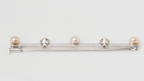 Broche barrette ancienne en or blanc diamants et perles de culture