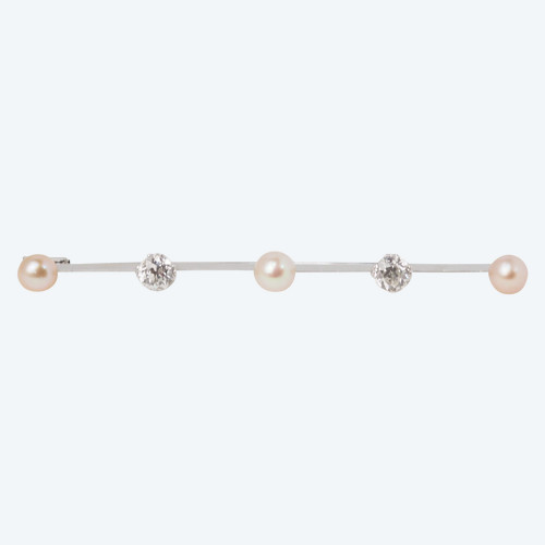 Old barrette brooch in white gold with diamonds and cultured pearls