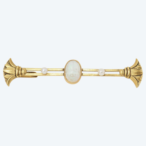 Opal yellow gold and pearl barrette brooch