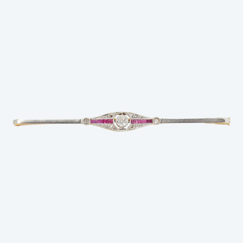 Yellow gold ruby and diamond barrette brooch