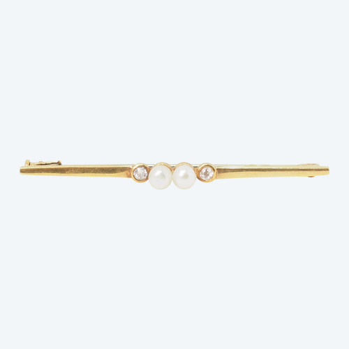 Yellow gold pearl and diamond barrette brooch