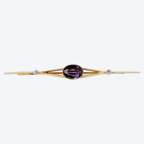 Yellow gold amethyst and diamond barrette brooch