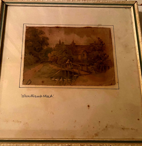 Très fin dessin à l'aquarelle 19ème Anglais d'une scène rurale d'une femme accompagnée de son fils sur un pont regardant les cygnes