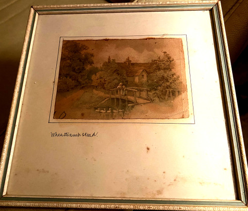 Très fin dessin à l'aquarelle 19ème Anglais d'une scène rurale d'une femme accompagnée de son fils sur un pont regardant les cygnes