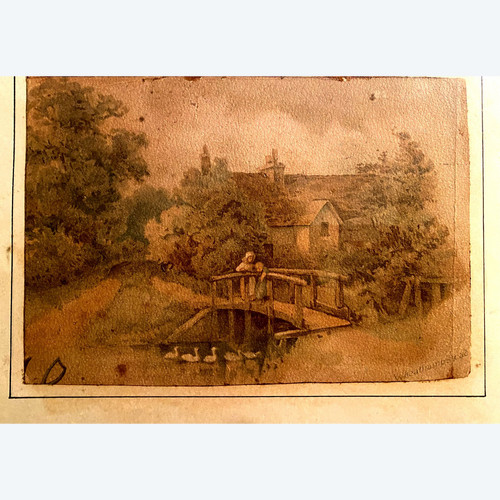 Très fin dessin à l'aquarelle 19ème Anglais d'une scène rurale d'une femme accompagnée de son fils sur un pont regardant les cygnes