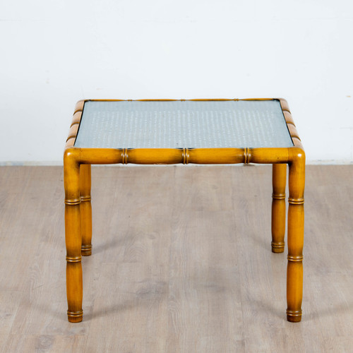 Tavolino in legno di bambù, canna e vetro quadrato, 1970