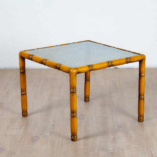 Tavolino in legno di bambù, canna e vetro quadrato, 1970