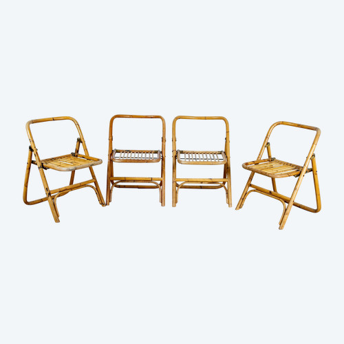4 folding chairs in bamboo, rattan and brass, Italy, 1970