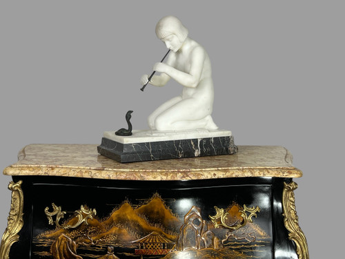 GUGLIELMO PUGI" SCULPTURE IN WHITE ART DECO MARBLE (SNAKE CHARMER)