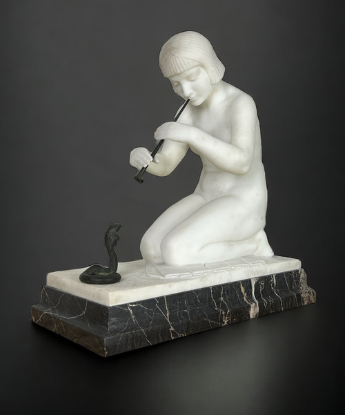 GUGLIELMO PUGI" SCULPTURE IN WHITE ART DECO MARBLE (SNAKE CHARMER)