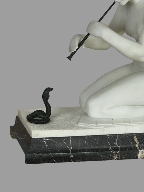 GUGLIELMO PUGI" SCULPTURE IN WHITE ART DECO MARBLE (SNAKE CHARMER)