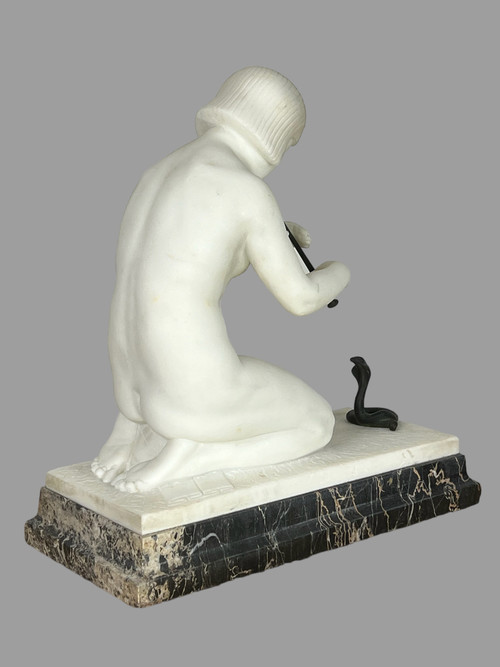 GUGLIELMO PUGI" SCULPTURE IN WHITE ART DECO MARBLE (SNAKE CHARMER)