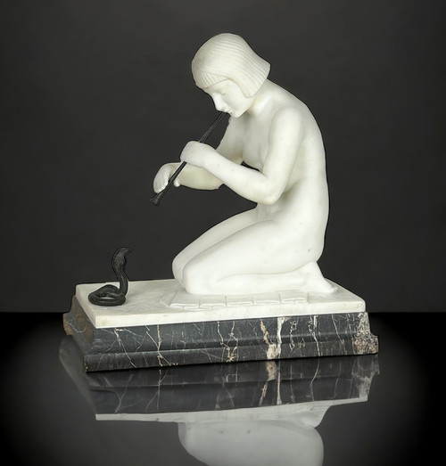 GUGLIELMO PUGI" SCULPTURE IN WHITE ART DECO MARBLE (SNAKE CHARMER)