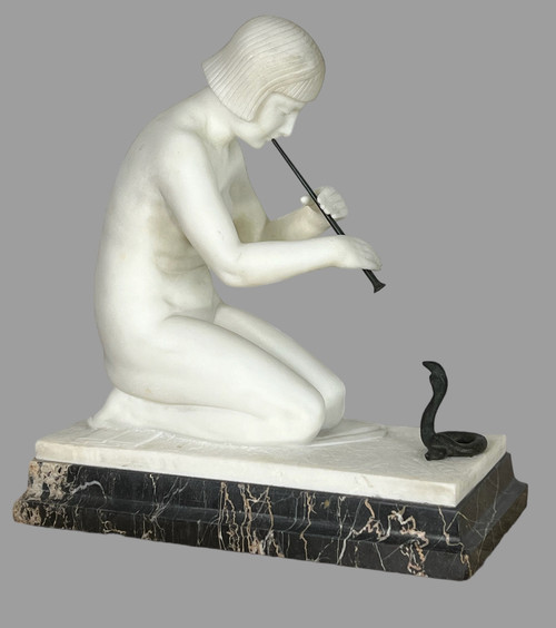 GUGLIELMO PUGI" SCULPTURE IN WHITE ART DECO MARBLE (SNAKE CHARMER)