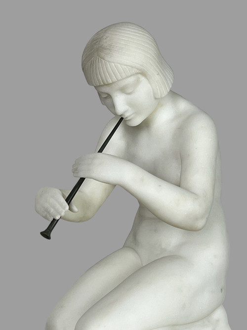 GUGLIELMO PUGI" SCULPTURE IN WHITE ART DECO MARBLE (SNAKE CHARMER)