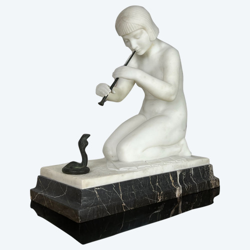GUGLIELMO PUGI" SCULPTURE IN WHITE ART DECO MARBLE (SNAKE CHARMER)