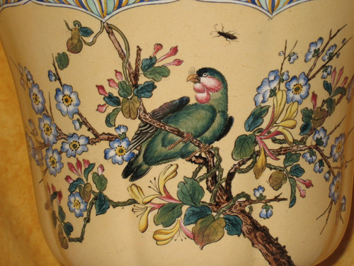 Large Gien earthenware cache pot with Japanese decoration of bird and flowers 19th century period