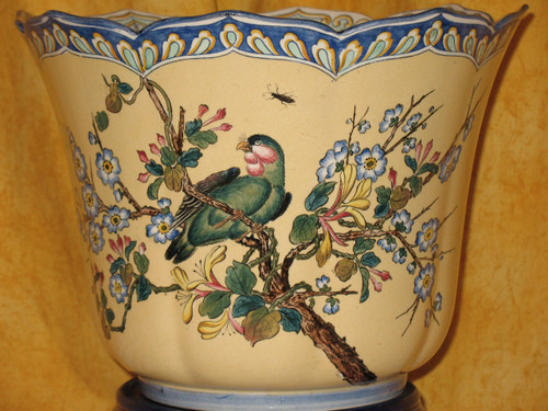 Large Gien earthenware cache pot with Japanese decoration of bird and flowers 19th century period