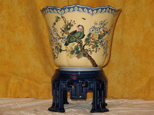 Large Gien earthenware cache pot with Japanese decoration of bird and flowers 19th century period